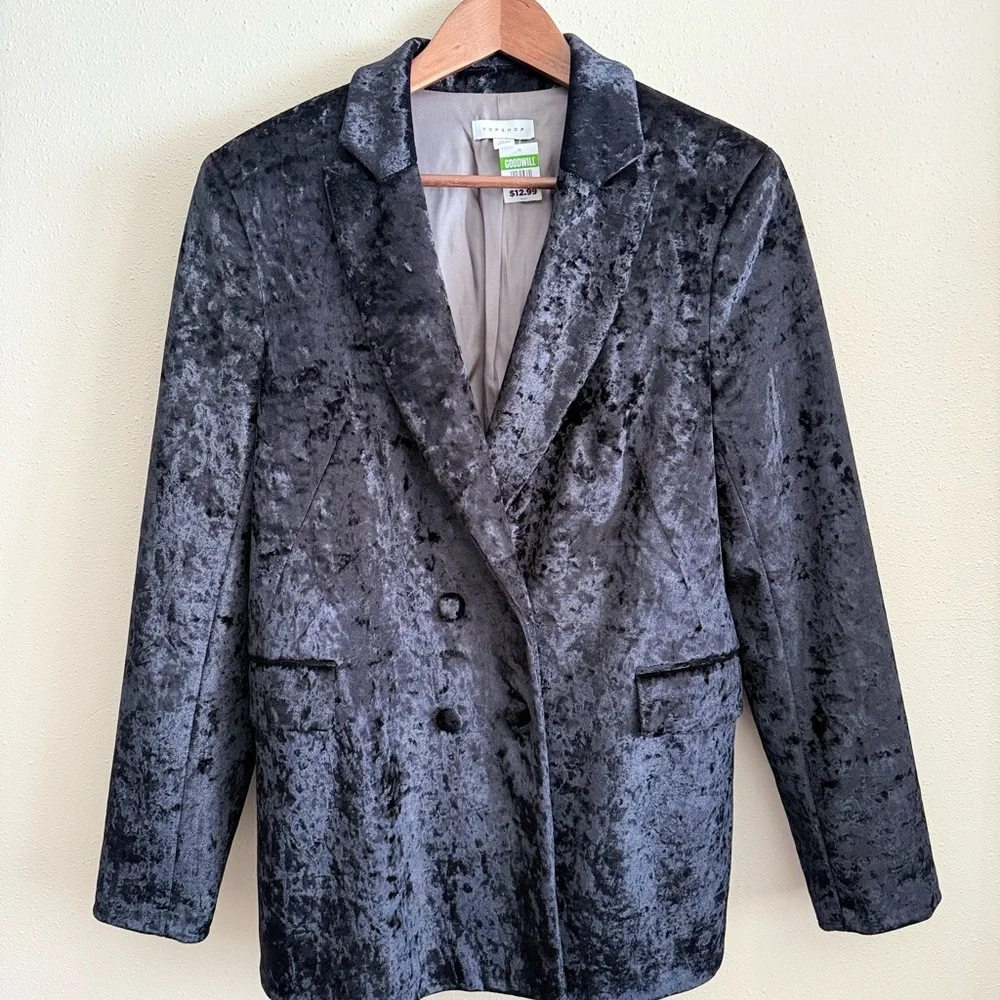 Topshop Black Crushed Velvet Blazer US 10 Double Breasted - Picture 6 of 13